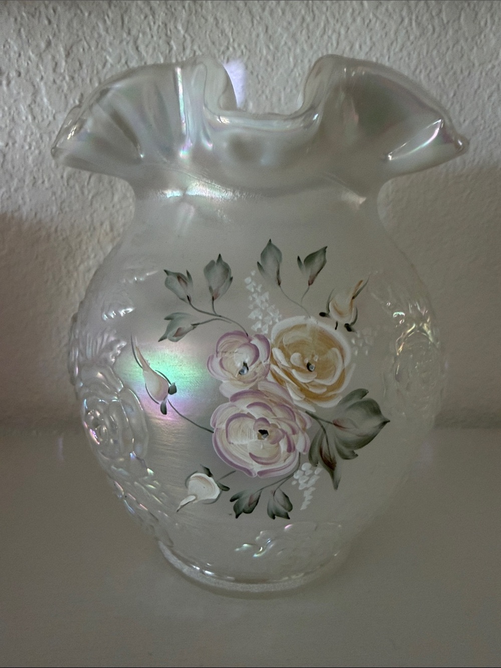 Fenton Hand-Painted Iridescent White Glass Vase with Floral Design